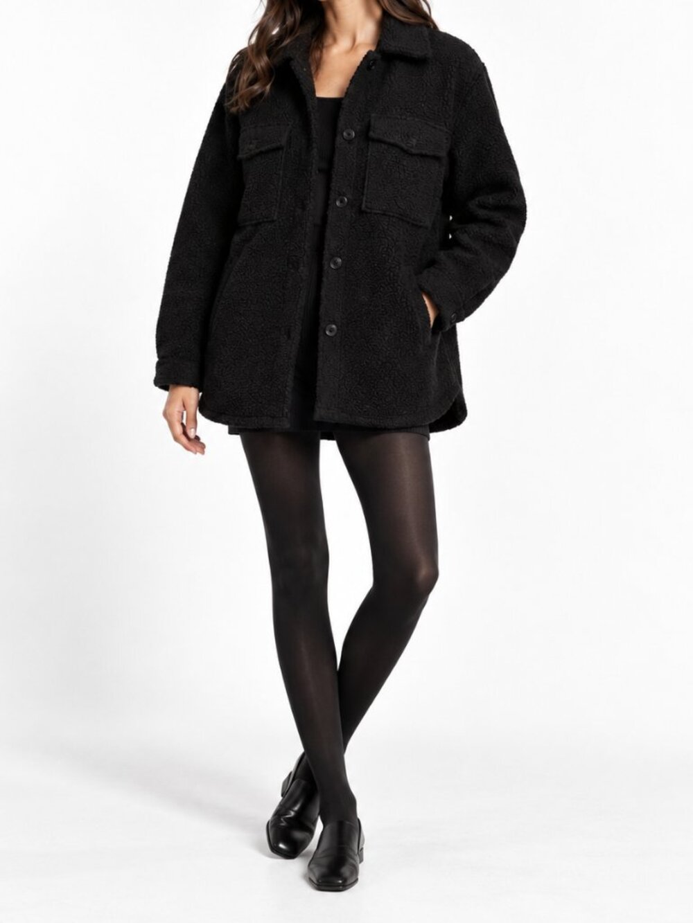 H&M Black Teddy Sherpa Shacket Coat | Oversized Button Front | Size M